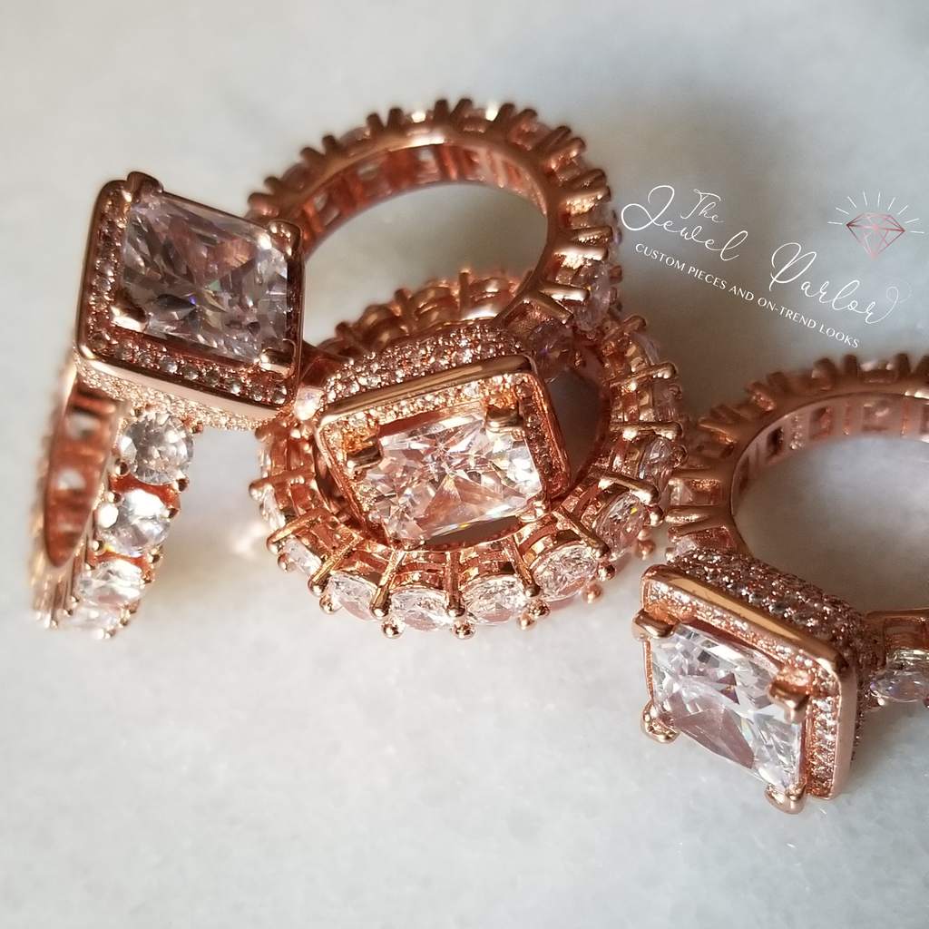 Betrothal Halo Princess Cut Ring + Eternity Band Set in Rose Gold