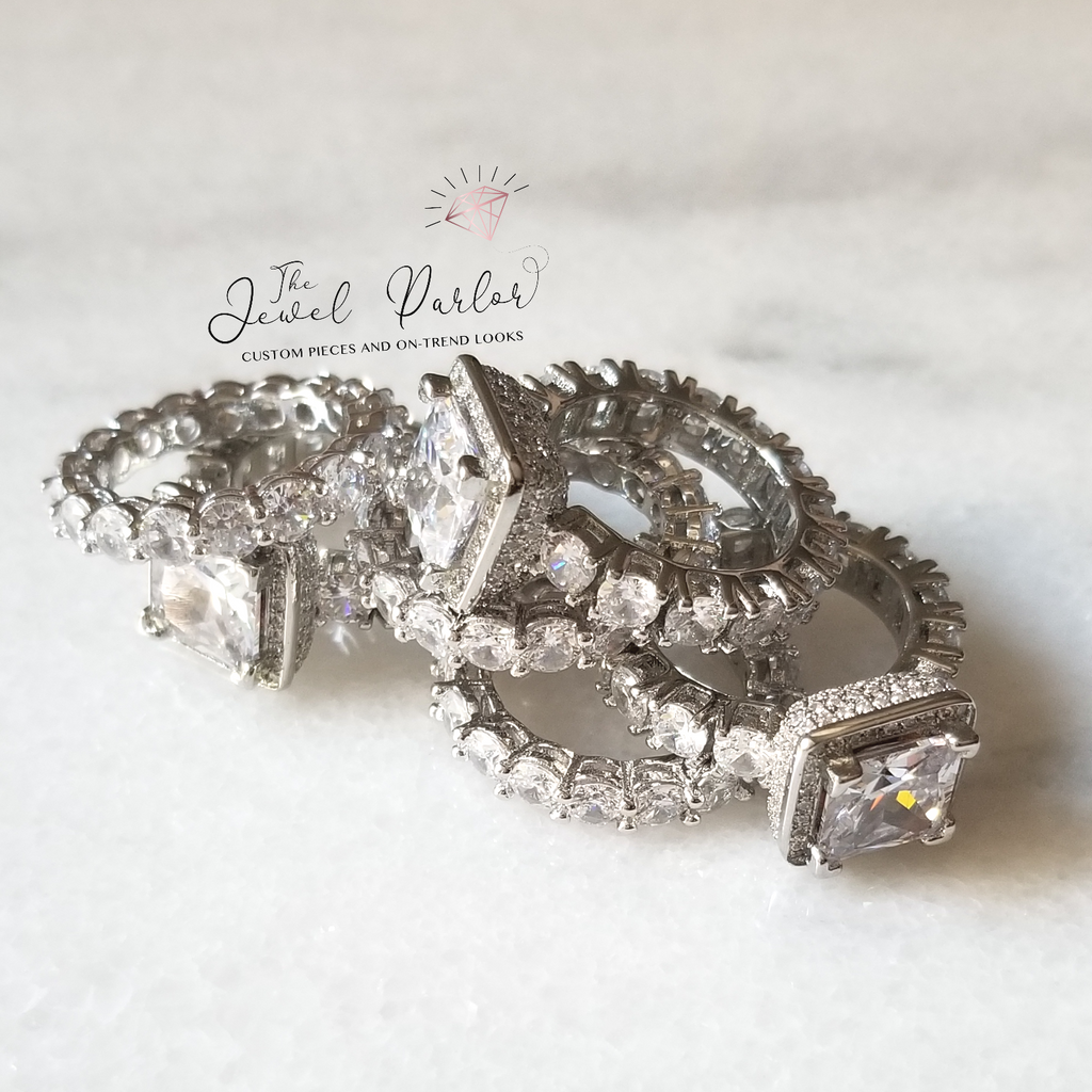 Betrothal Halo Princess Cut Ring + Eternity Band Set in Silver