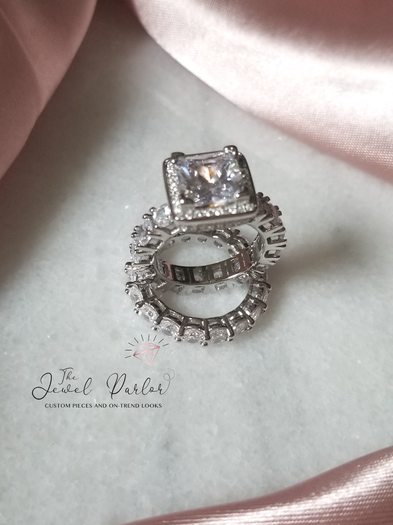 Betrothal Halo Princess Cut Ring + Eternity Band Set in Silver