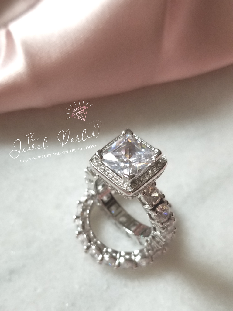 Betrothal Halo Princess Cut Ring + Eternity Band Set in Silver