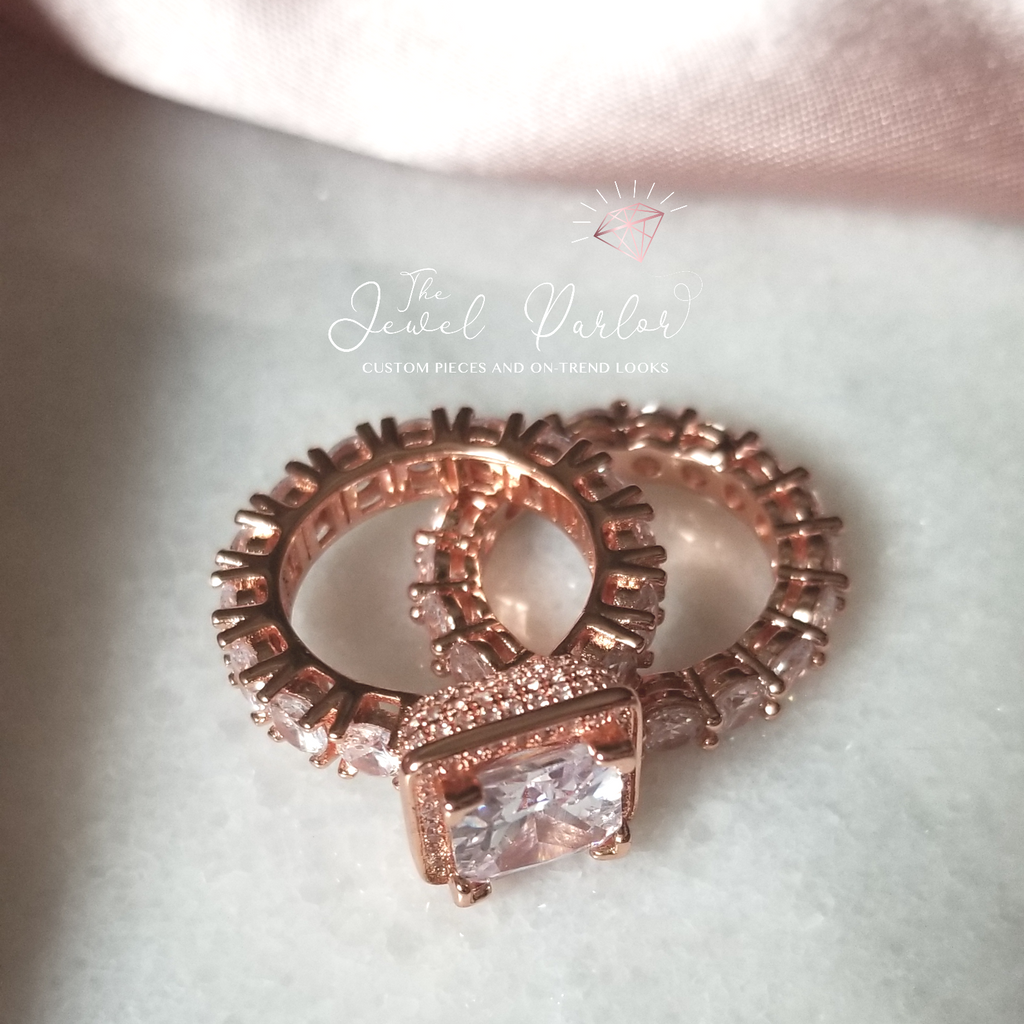 Betrothal Halo Princess Cut Ring + Eternity Band Set in Rose Gold