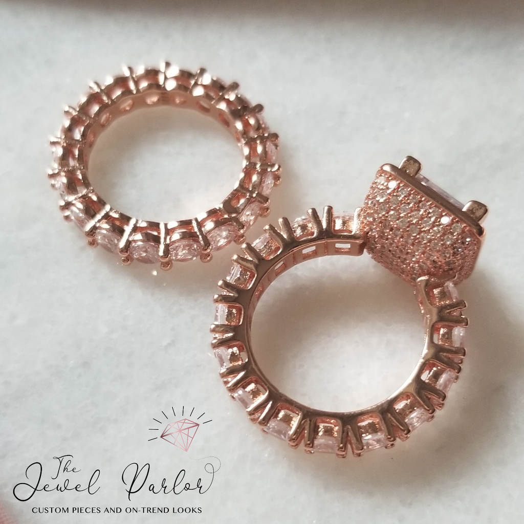 Betrothal Halo Princess Cut Ring + Eternity Band Set in Rose Gold