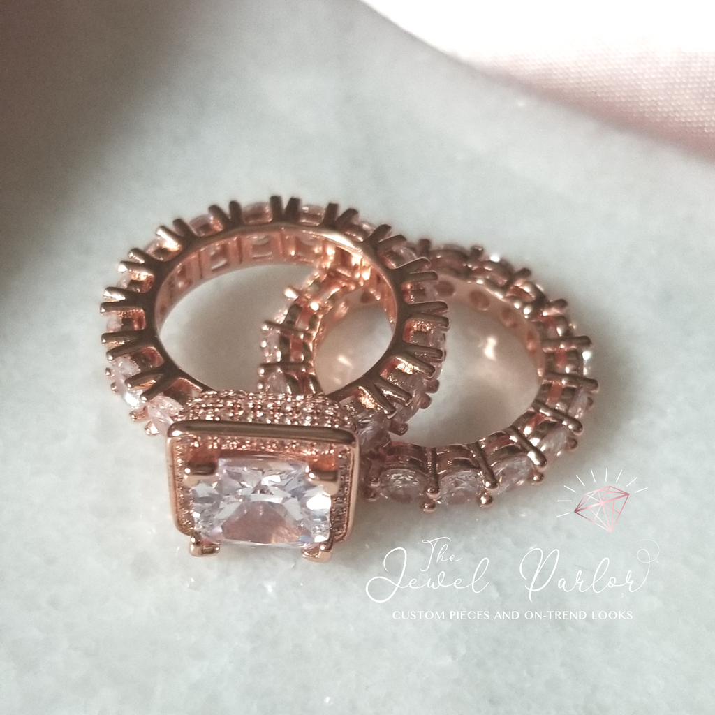 Betrothal Halo Princess Cut Ring + Eternity Band Set in Rose Gold