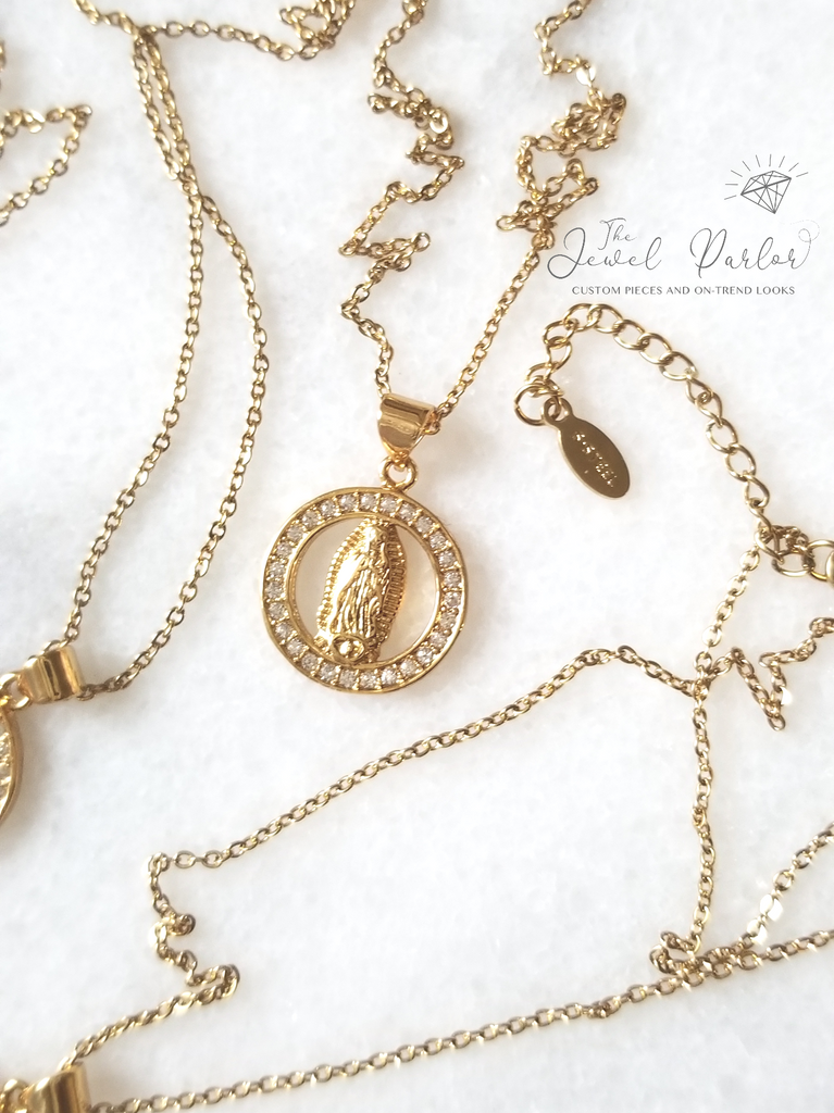 Virgin Mary Halo Necklace in Gold + Clear Crystals