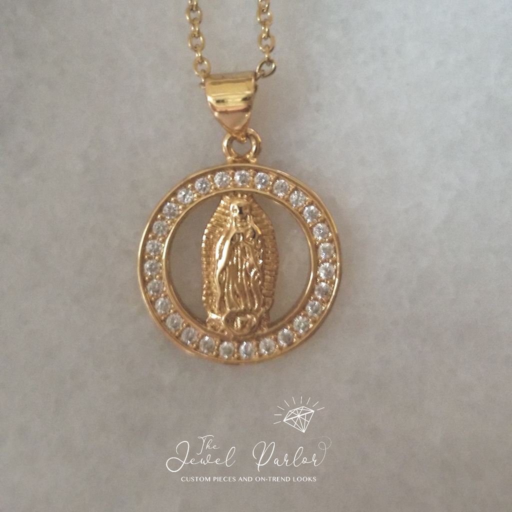 Virgin Mary Halo Necklace in Gold + Clear Crystals
