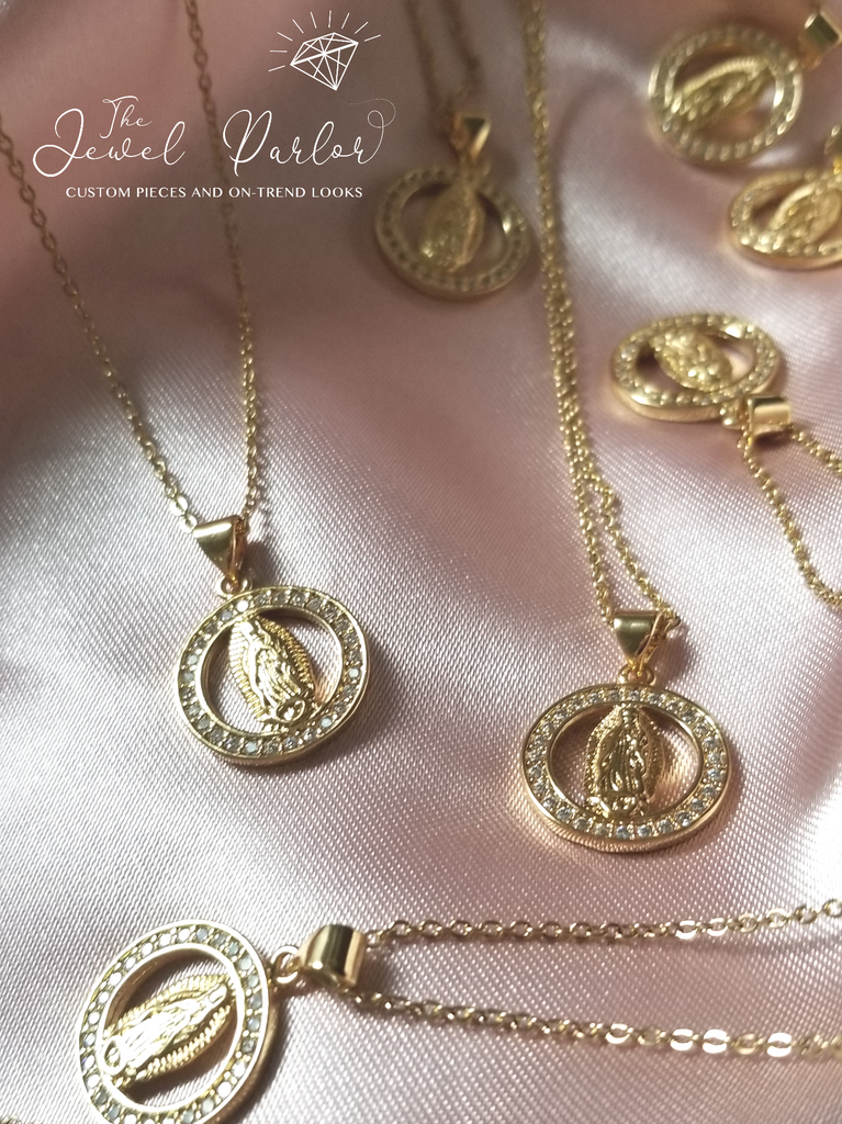 Virgin Mary Halo Necklace in Gold + Clear Crystals