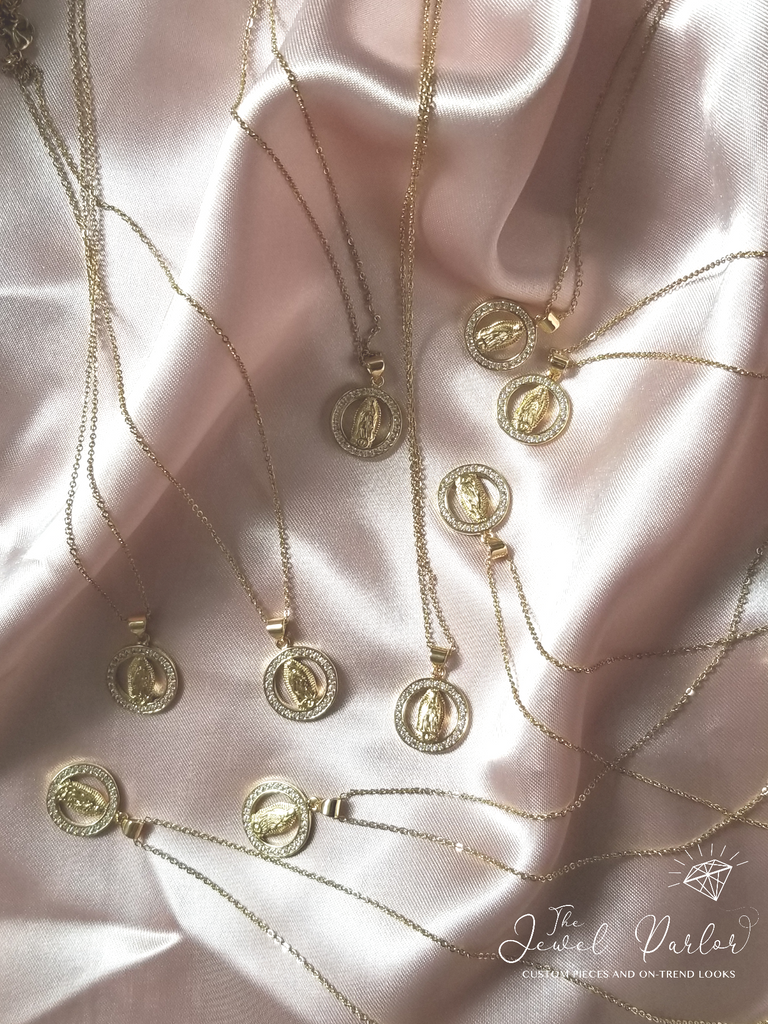 Virgin Mary Halo Necklace in Gold + Clear Crystals