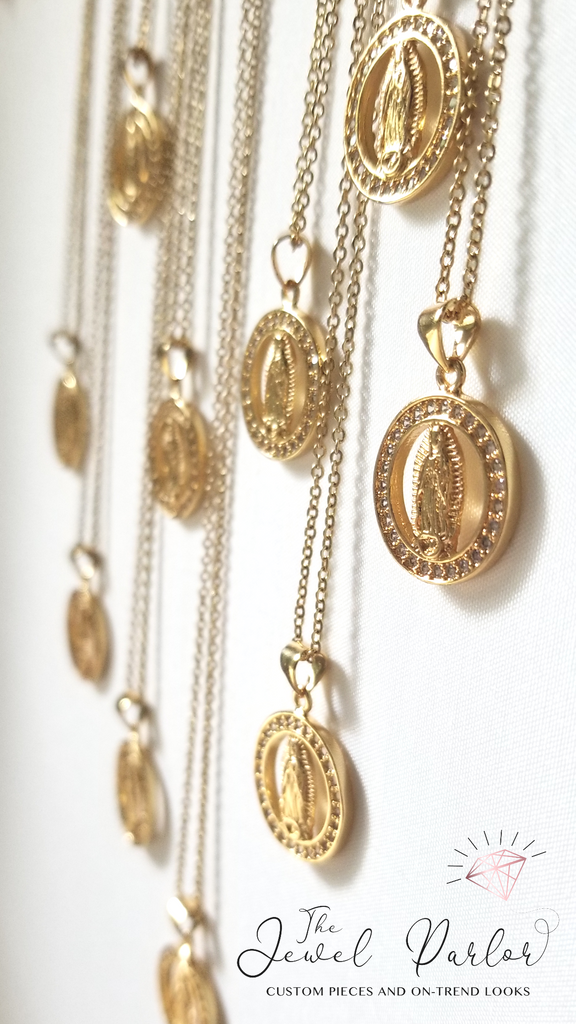 Virgin Mary Halo Necklace in Gold + Clear Crystals