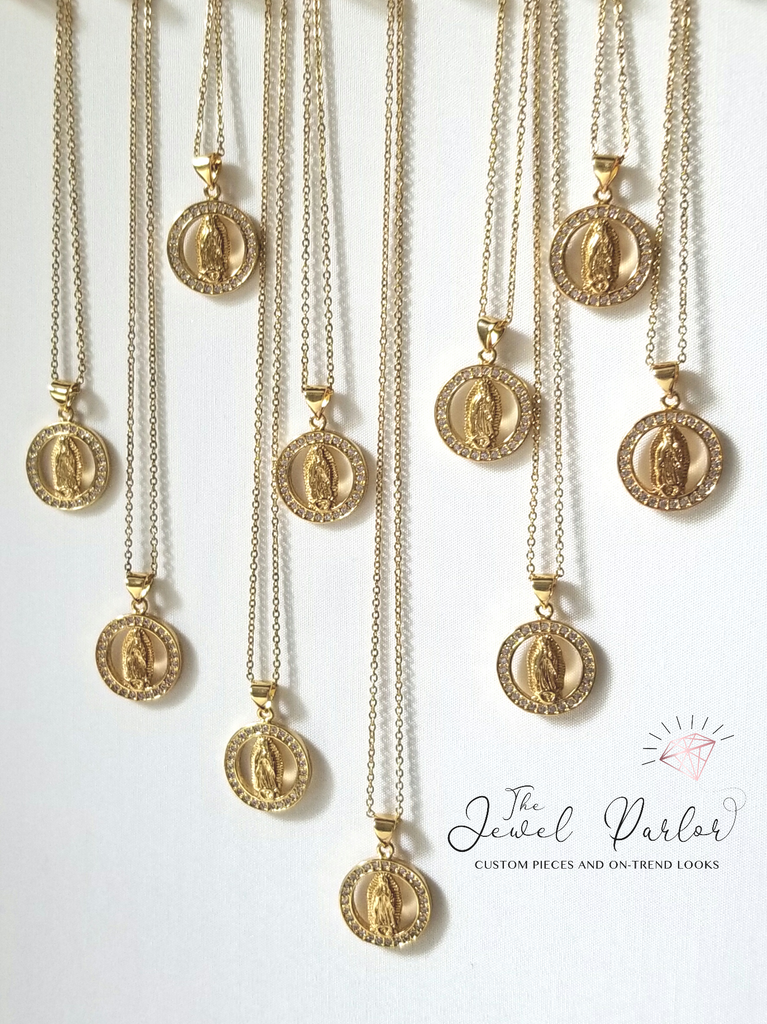 Virgin Mary Halo Necklace in Gold + Clear Crystals