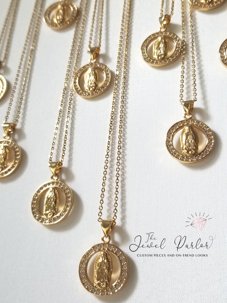Virgin Mary Halo Necklace in Gold + Clear Crystals