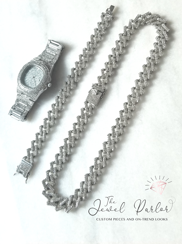 Kronos 3-Piece Watch + Cuban Link Set in Silver