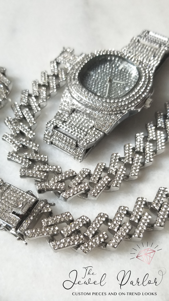 Kronos 3-Piece Watch + Cuban Link Set in Silver