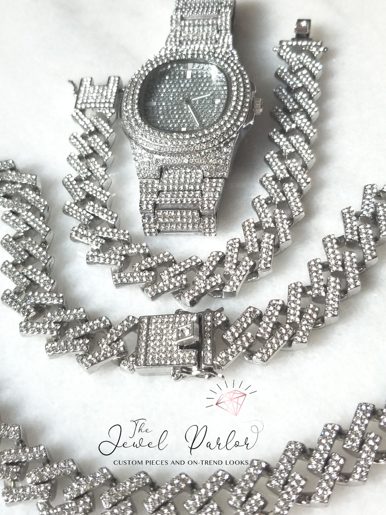 Kronos 3-Piece Watch + Cuban Link Set in Silver