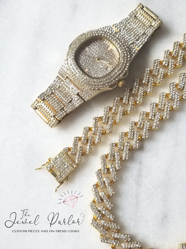 Kronos 3-Piece Watch + Cuban Link Set in Gold