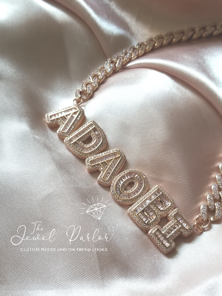 Omalicha Baguette Custom Name Necklace + Curb Chain