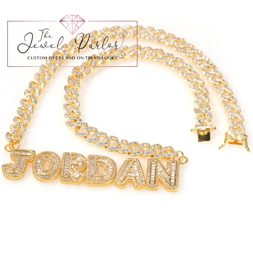 Omalicha Baguette Custom Name Necklace + Curb Chain