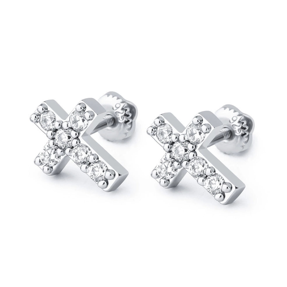 Crystal Cross Screw Back Stud Earrings • Sterling or Vermeil