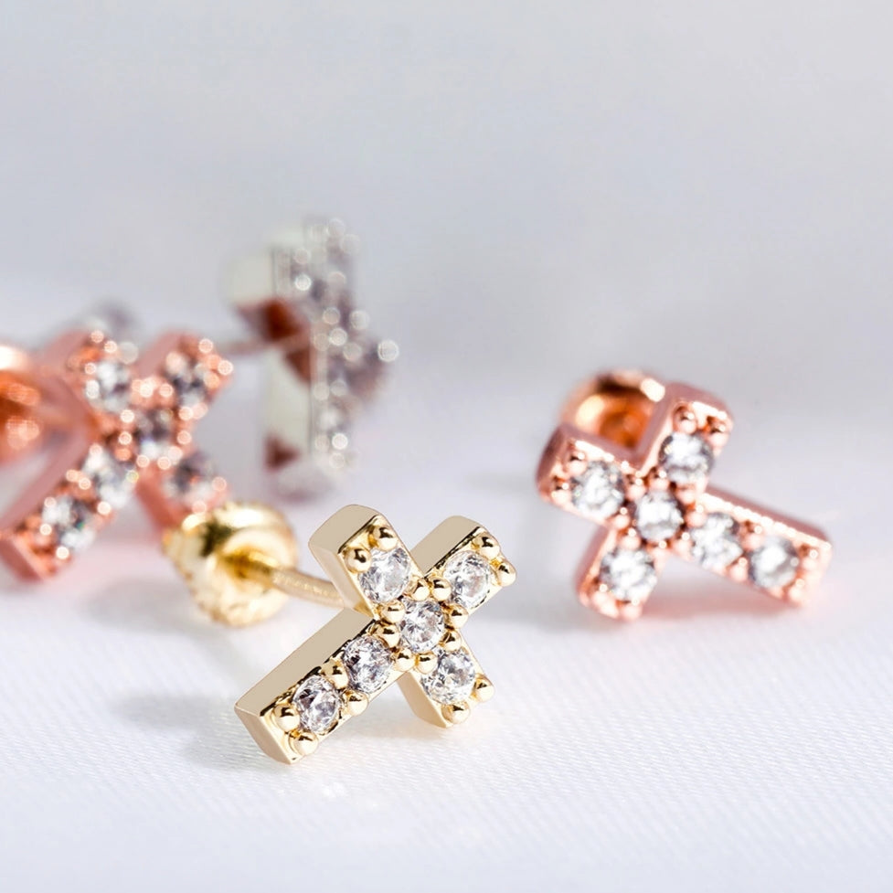 Crystal Cross Screw Back Stud Earrings • Sterling or Vermeil