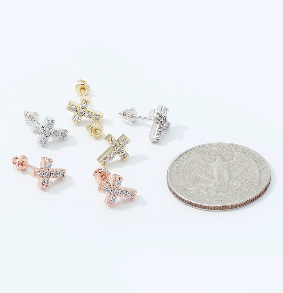 Crystal Cross Screw Back Stud Earrings • Sterling or Vermeil