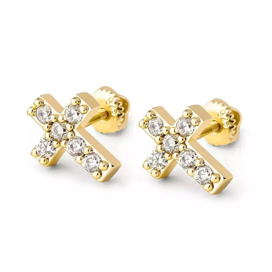 Crystal Cross Screw Back Stud Earrings • Sterling or Vermeil