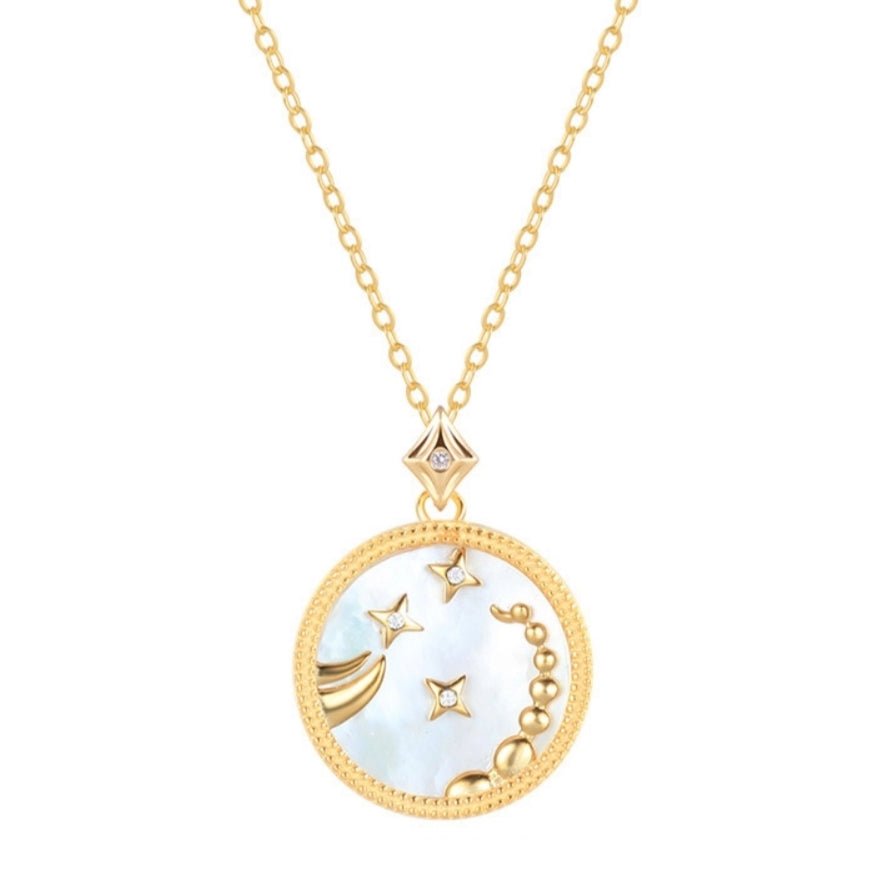 Pink Mother of Pearl Pendant with Diamond Moon & Stars Yellow Gold