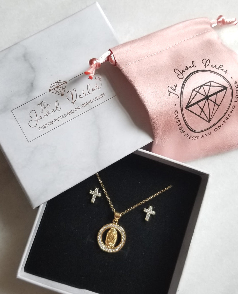 Virgin Mary Halo Necklace in Gold + Clear Crystals