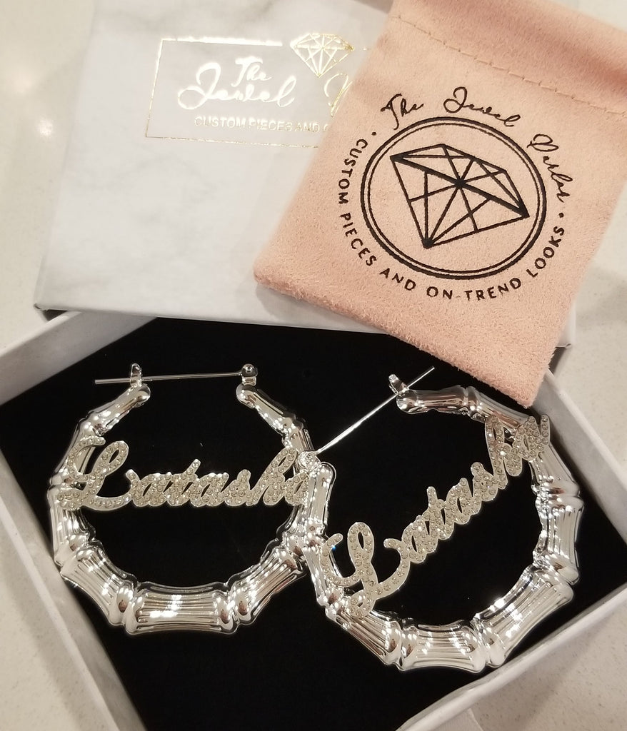 Deidra Custom Bamboo + Crystal Script Name Earrings