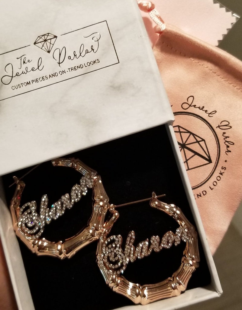 Deidra Custom Bamboo + Crystal Script Name Earrings