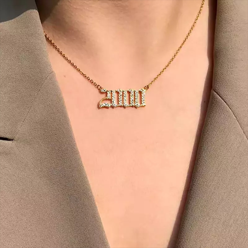 Gold-filled Name + Birth Year + Rope Chain Necklace Set