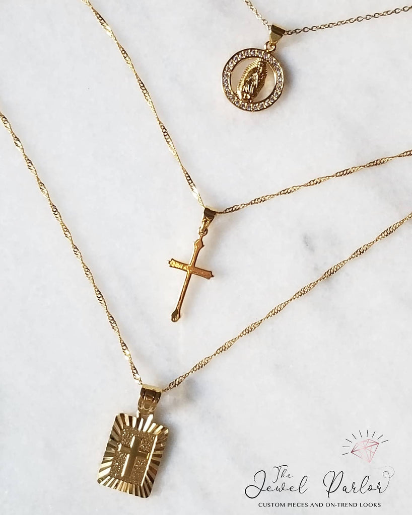 Virgin Mary Halo + Crosses Necklace Trio