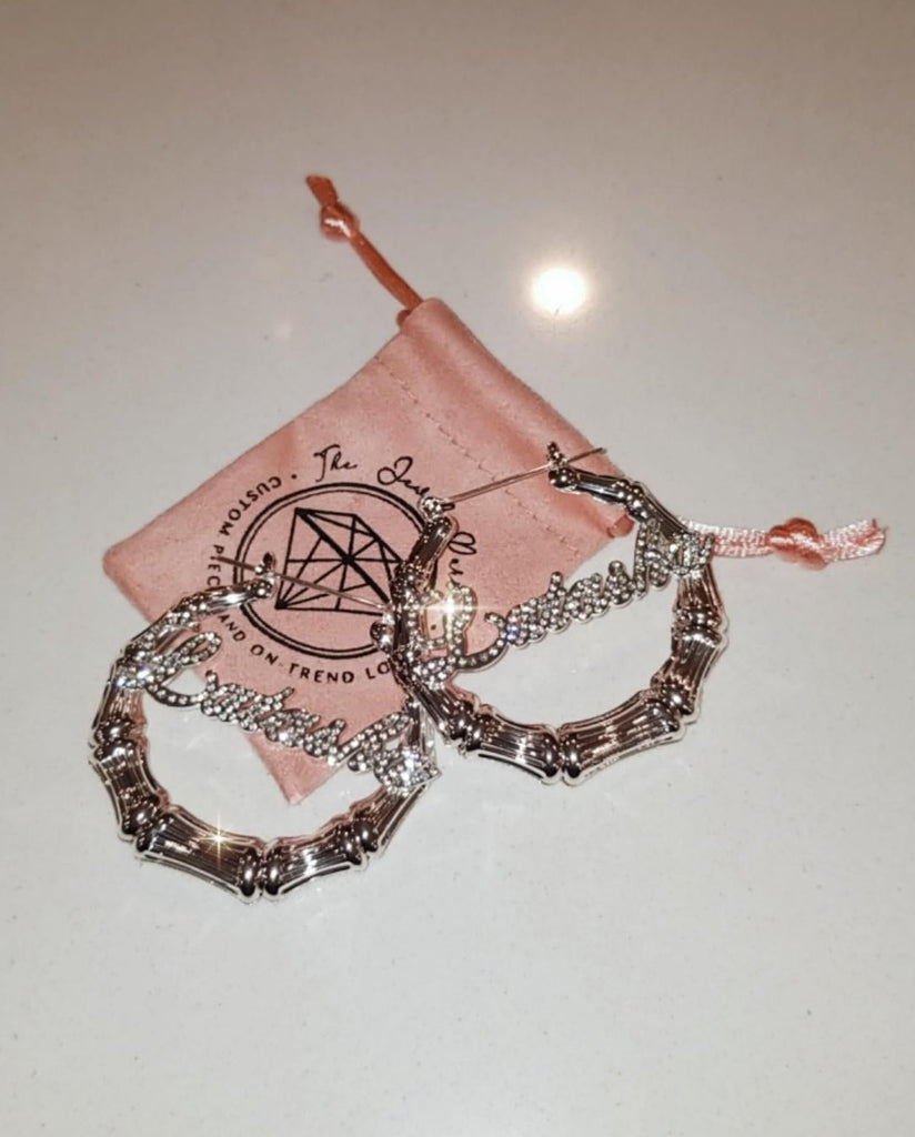 Deidra Custom Bamboo + Crystal Script Name Earrings