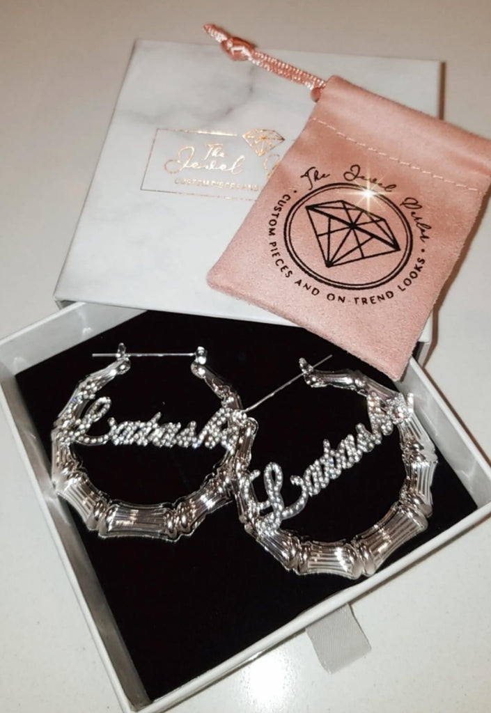 Deidra Custom Bamboo + Crystal Script Name Earrings