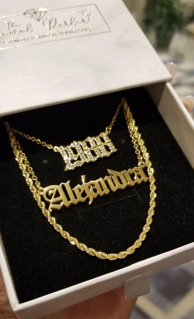 Gold-filled Name + Birth Year + Rope Chain Necklace Set