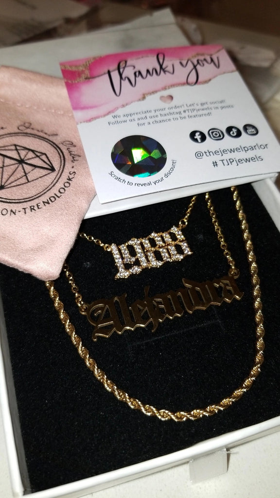 Gold-filled Name + Birth Year + Rope Chain Necklace Set