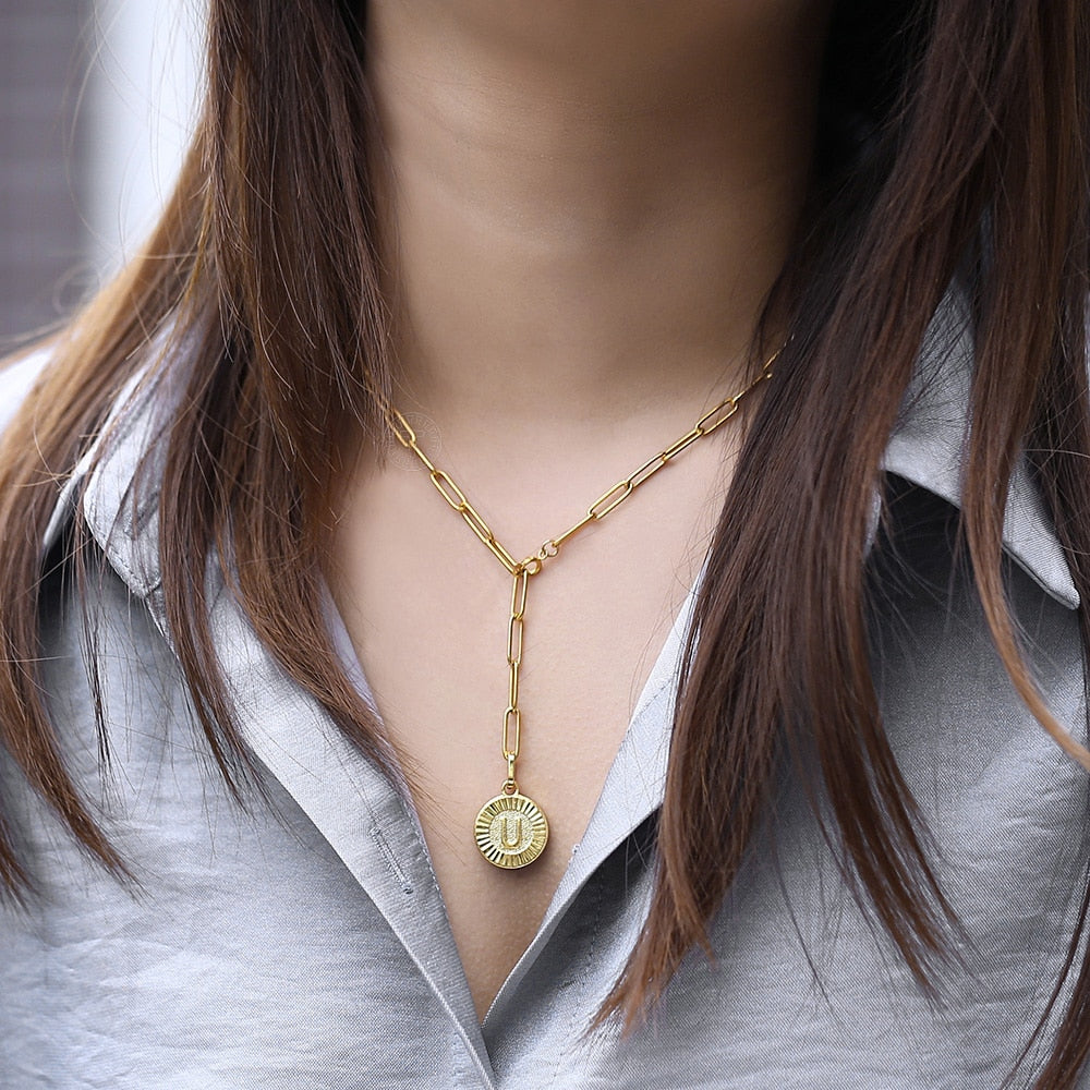 Round Monogram Initial Lariat Pendant Necklace