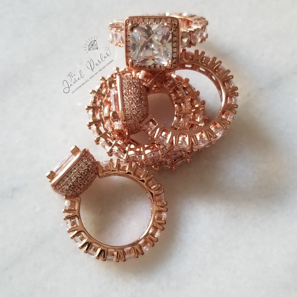 Betrothal Halo Princess Cut Ring + Eternity Band Set in Rose Gold