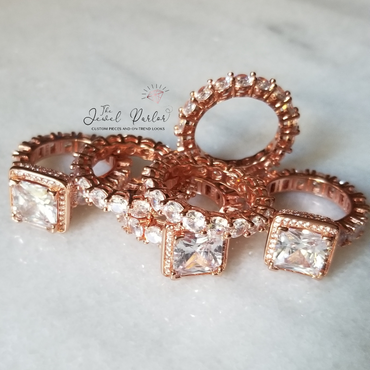 Betrothal Halo Princess Cut Ring + Eternity Band Set in Rose Gold