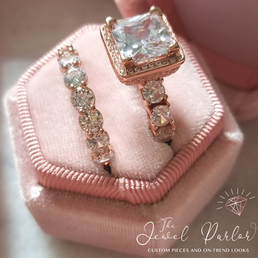 Betrothal Halo Princess Cut Ring + Eternity Band Set in Rose Gold