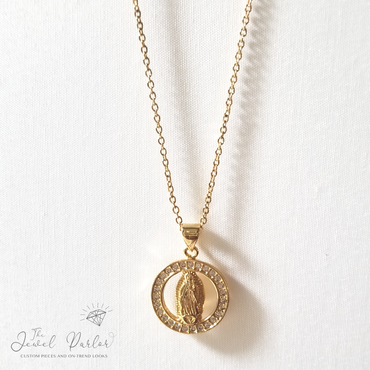 Virgin Mary Halo Necklace in Gold + Clear Crystals