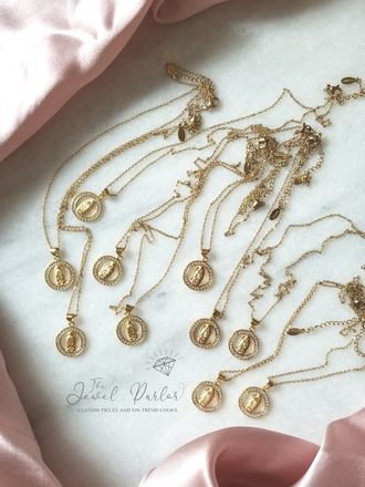 Virgin Mary Halo Necklace in Gold + Clear Crystals