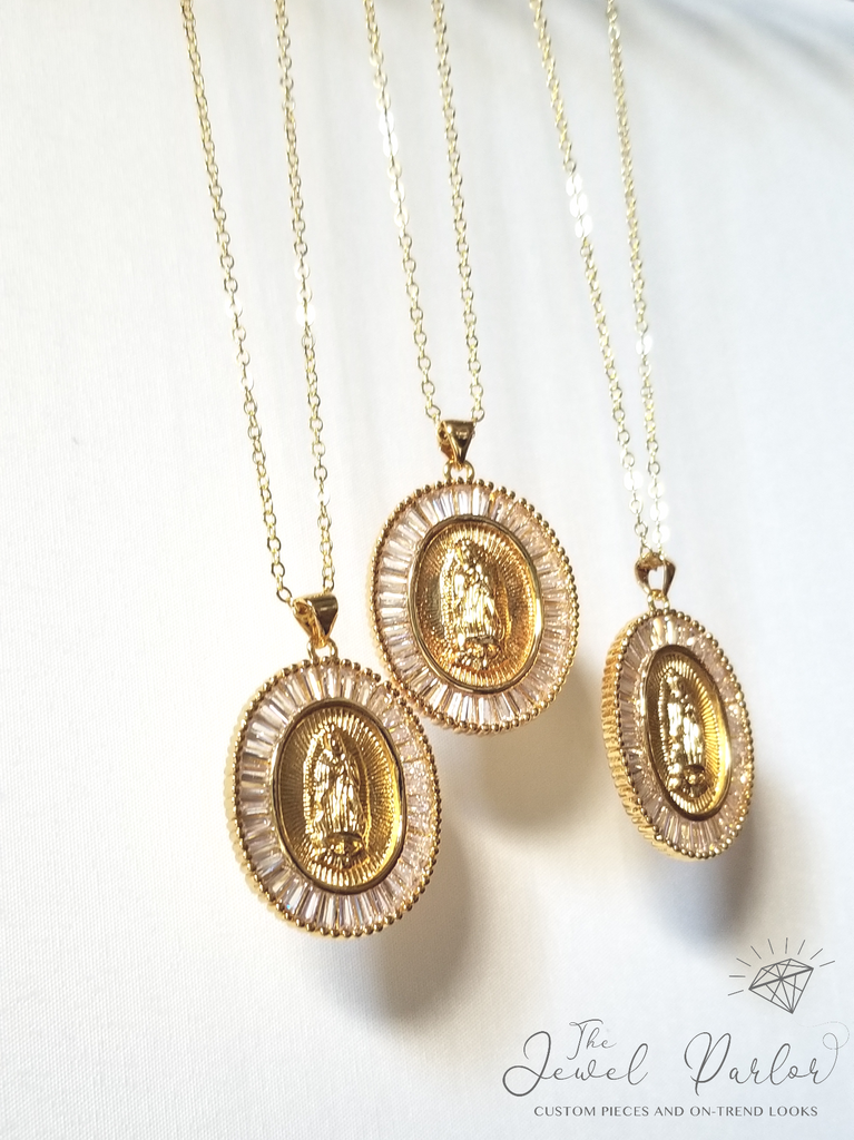 Gloria Virgin Mary Necklace in Gold + Clear Baguettes