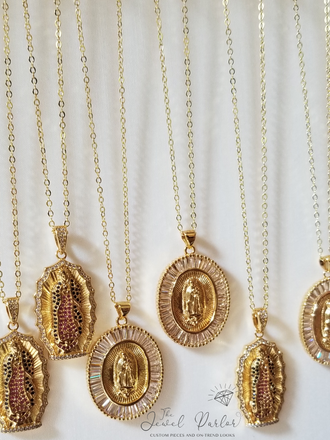 Crystal Mantilla Scalloped Edge Virgin Mary Necklace in Gold