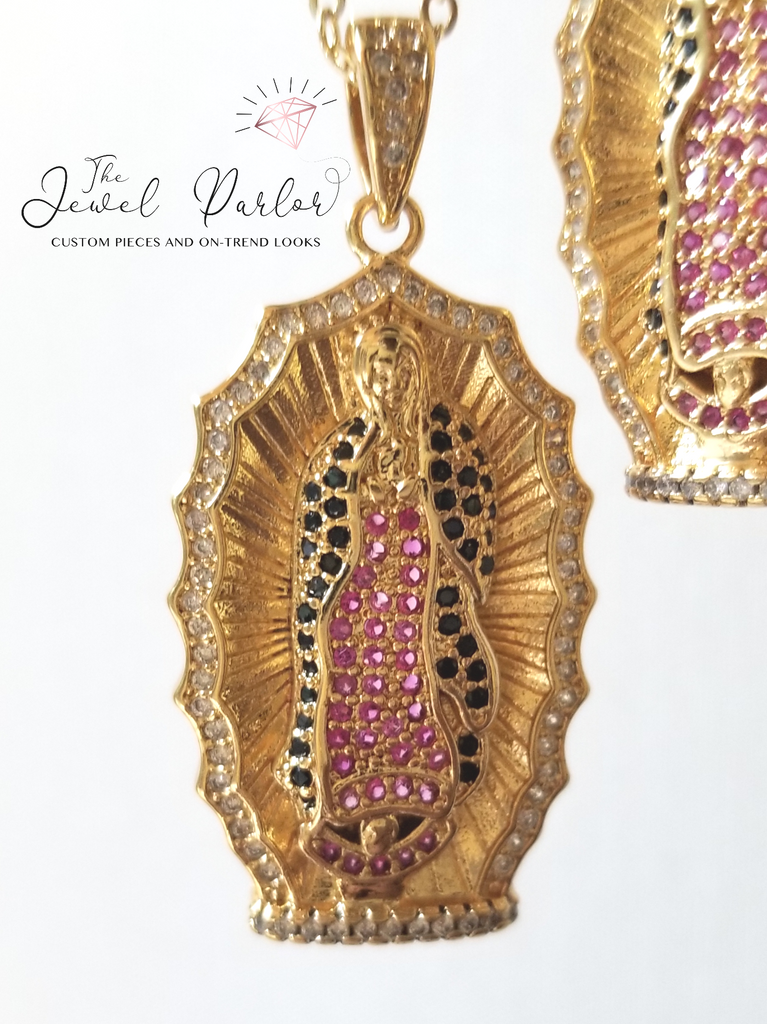 Crystal Mantilla Scalloped Edge Virgin Mary Necklace in Gold
