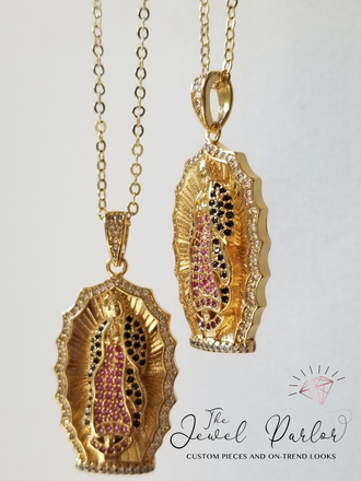 Crystal Mantilla Scalloped Edge Virgin Mary Necklace in Gold