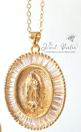 Gloria Virgin Mary Necklace in Gold + Clear Baguettes