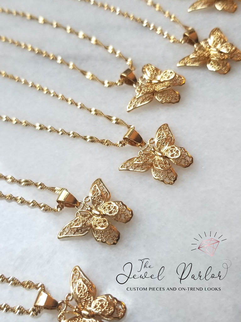 Safira Filigree Butterfly Pendant in Gold + Chain