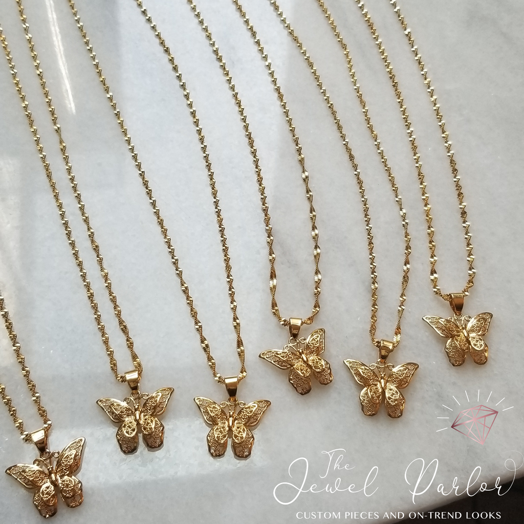 Safira Filigree Butterfly Pendant in Gold + Chain