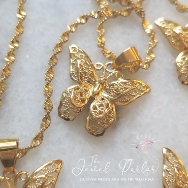 Safira Filigree Butterfly Pendant in Gold + Chain