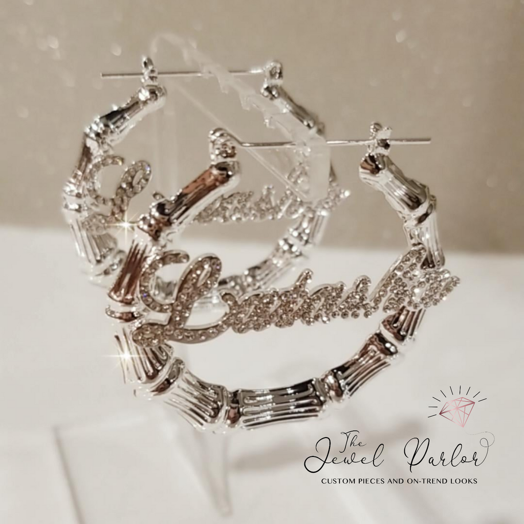 Deidra Custom Bamboo + Crystal Script Name Earrings