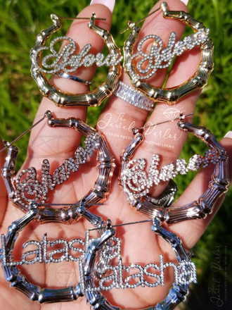 Deidra Custom Bamboo + Crystal Script Name Earrings